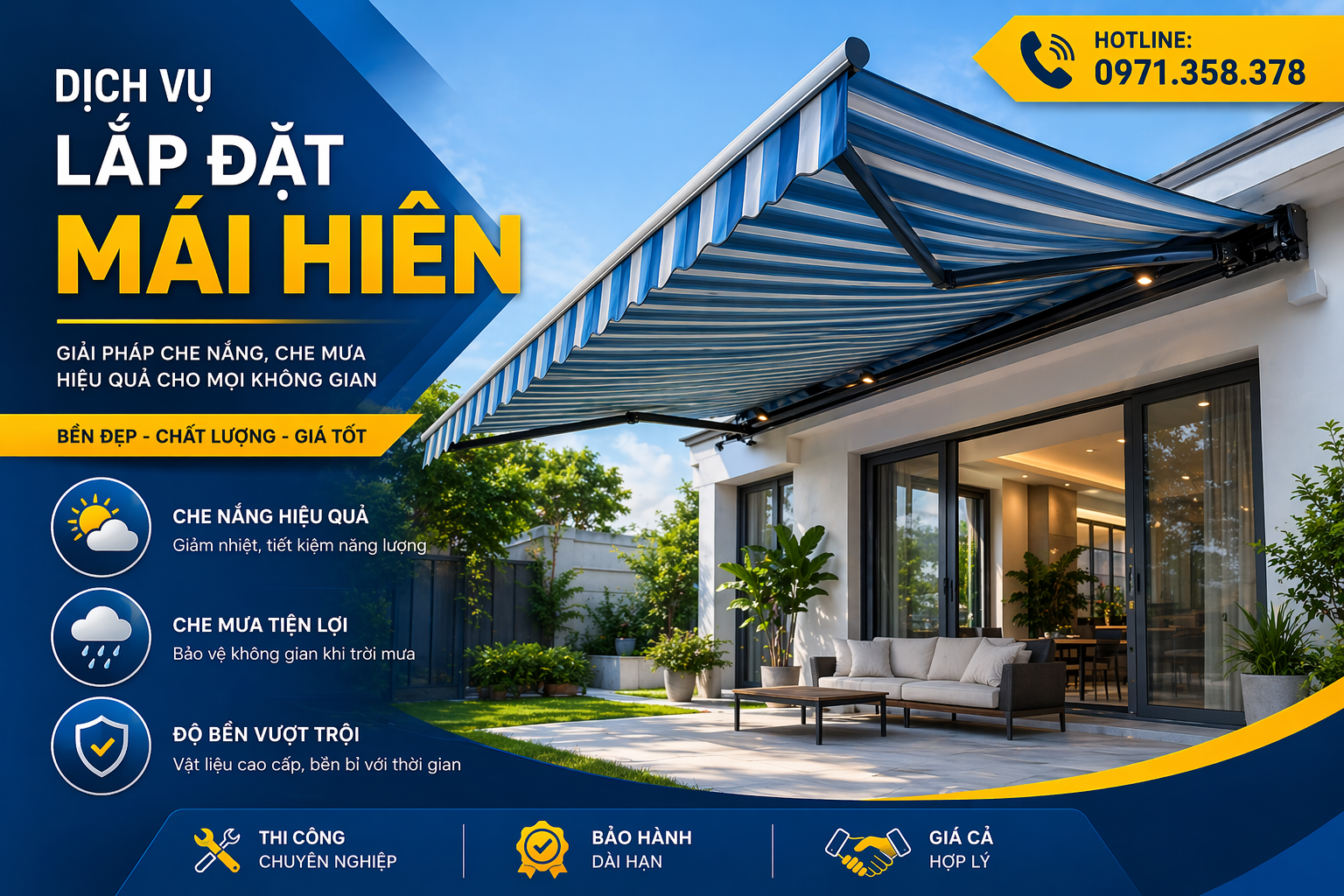 Lắp đặt mái hiên ngoài trời cho nhà phố và biệt thự, thiết kế chắc chắn, bền bỉ theo thời gian, bảo hành dài hạn, giá cả hợp lý. Hotline: 0971.358.378