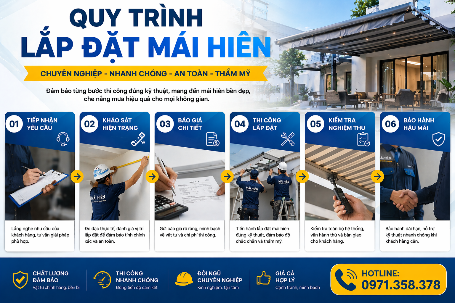 Quy trình lắp đặt mái hiên chuyên nghiệp gồm 6 bước: tiếp nhận yêu cầu, khảo sát thực tế, báo giá chi tiết, thi công lắp đặt, kiểm tra nghiệm thu và bảo hành hậu mãi. Dịch vụ đảm bảo nhanh chóng, an toàn, thẩm mỹ cao, giúp che nắng che mưa hiệu quả cho mọi công trình. Hotline: 0971.358.378
