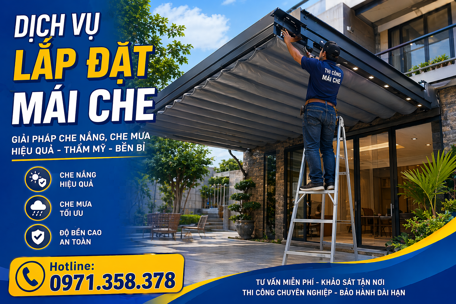 Dịch vụ lắp đặt mái che chuyên nghiệp – giải pháp che nắng, che mưa hiệu quả, thẩm mỹ cao, độ bền lâu dài. Hotline: 0971.358.378